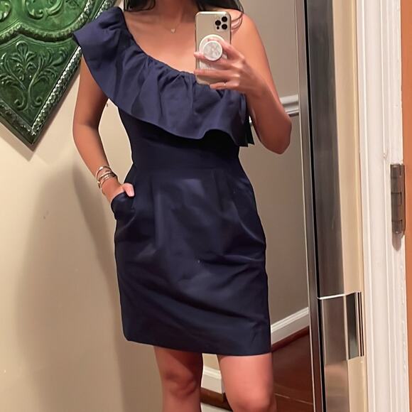 Rebecca Taylor Womens One-Shoulder Ruffle Sheath Dress NWOT Navy Blue Size 6 - Picture 7 of 8